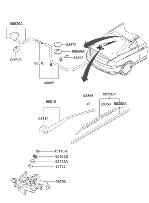 2001 Hyundai Tiburon Wiper Blade Assembly Diagram for 98350-H1000