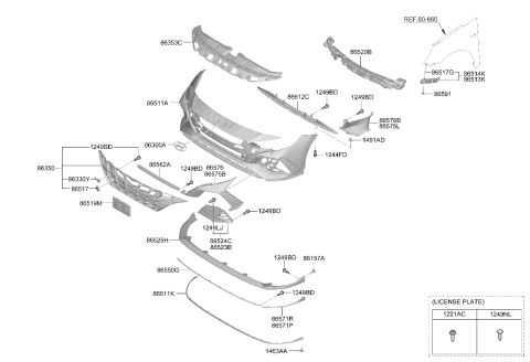 2022 Hyundai Elantra N Front Bumper License Plate Moulding Diagram for 86519-IB010
