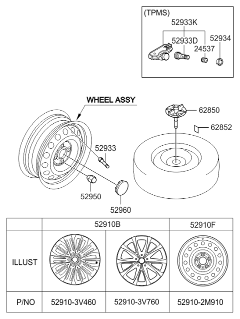 2015 Hyundai Azera Wheel Hub Cap Assembly Diagram for 52960-3V000