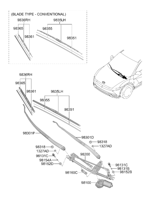 2022 Hyundai Ioniq 5 CRANK ARM-W/SHLD WIPER MOTOR Diagram for 98130-EV000