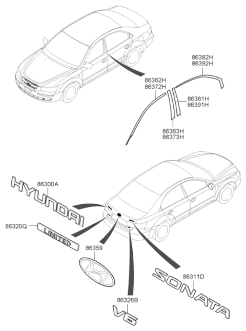 2006 Hyundai Sonata Tape-Rear Door Black Frame Upper,LH Diagram for 86382-3K000