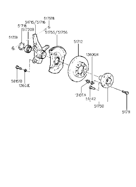 1996 Hyundai Tiburon Front Wheel Hub Assembly Diagram for 51750-29100