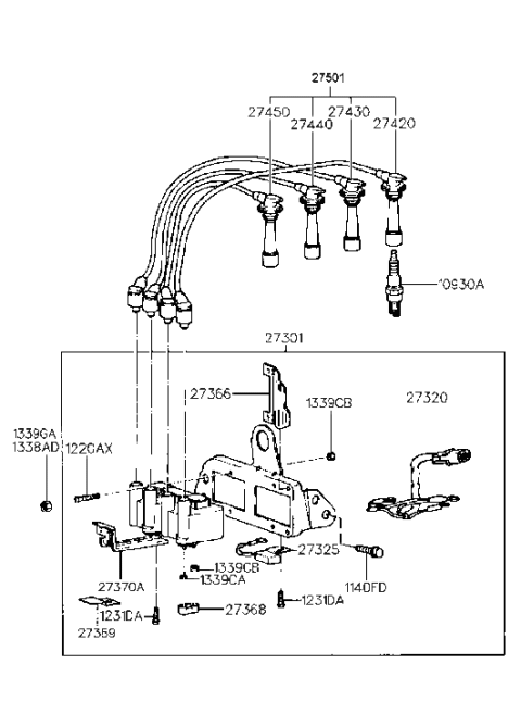 1998 Hyundai Tiburon Ignition Coil Assembly Diagram for 27301-23003