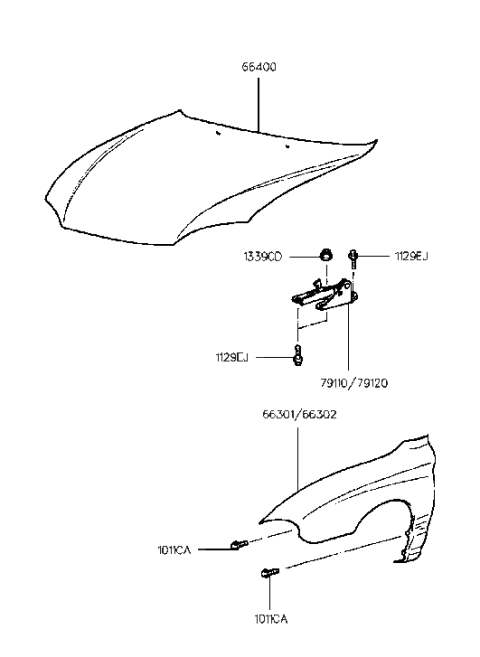 1996 Hyundai Tiburon Hood Hinge Assembly Left Hand Diagram for 79110-27000