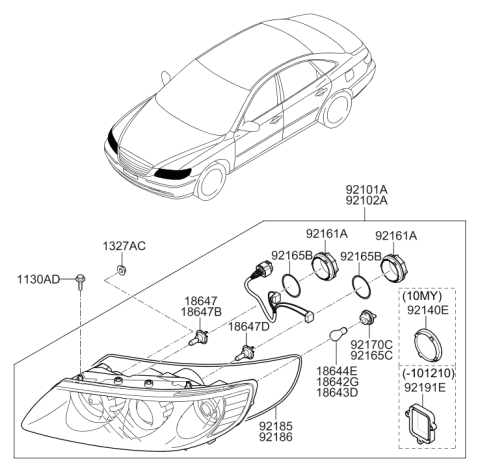 2008 Hyundai Azera Left Headlamp Assembly Diagram for 92101-3L051