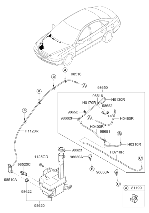 2006 Hyundai Azera Front Windshield Washer Sprayer Nozzle Assembly Diagram for 98630-3L000-CA
