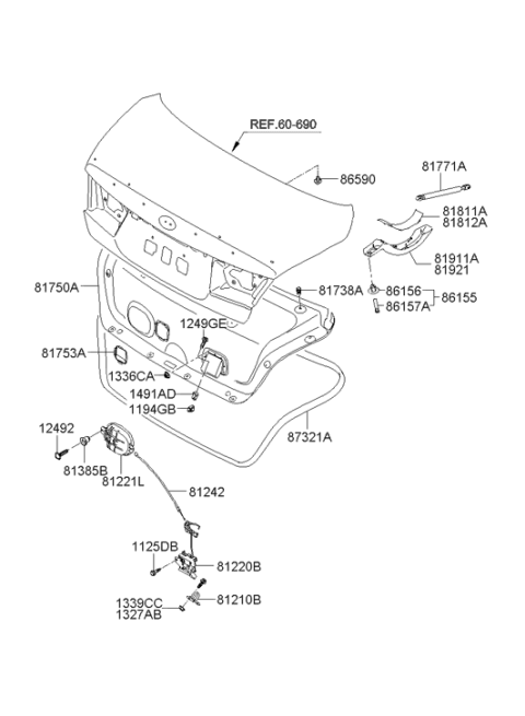 2006 Hyundai Azera Striker Assembly-Trunk Lid Diagram for 81210-3L000