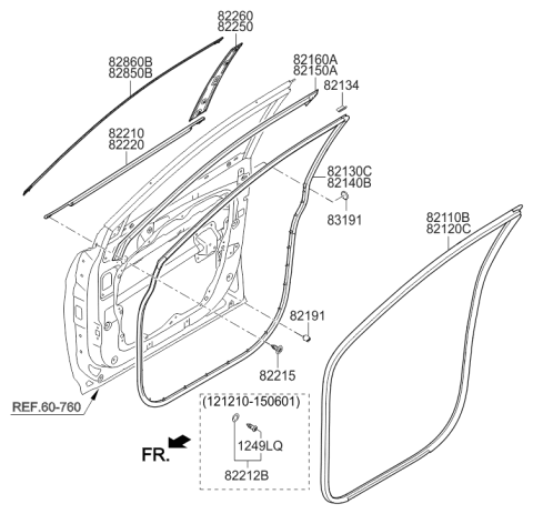 2014 Hyundai Santa Fe Front Door Body Side Weatherstrip Left Hand Diagram for 82110-2W000-RYN