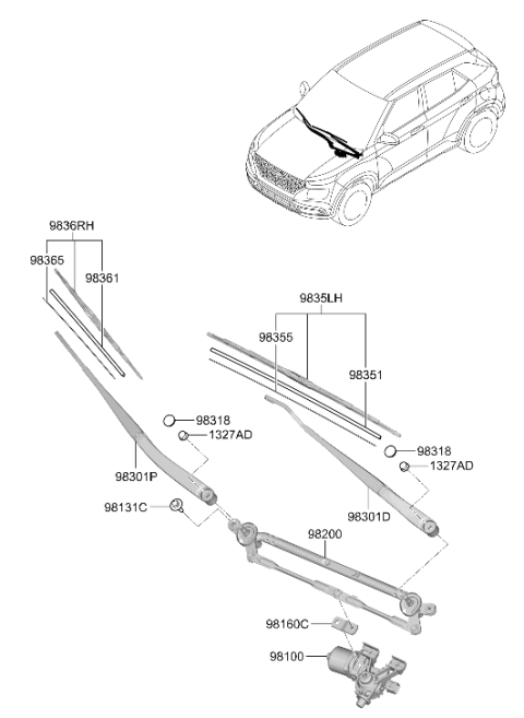 2025 Hyundai Venue Windshield Wiper Arm Assembly (Passenger) Diagram for 98321-K2000