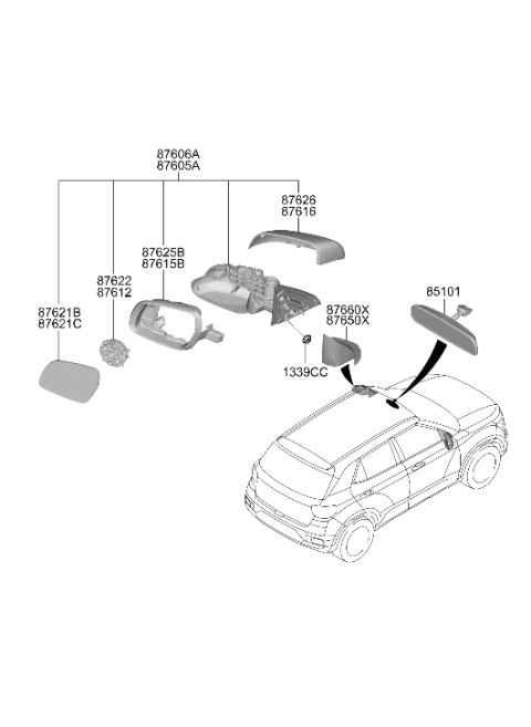 2021 Hyundai Venue Mirror Assembly - Outside Rear View Left Hand Diagram for 87610-K2130