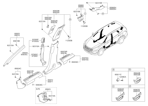 2019 Hyundai Santa Fe XL Upper Center Pillar Trim Assembly Right Hand Diagram for 85840-2W100-OM