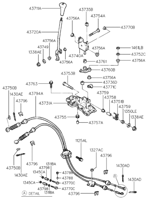 1992 Hyundai Scoupe Manual Transmission Lever Cable Assembly Diagram for 43794-23083