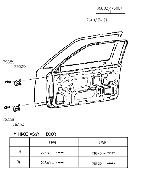 1990 Hyundai Scoupe Door Hinge Assembly Diagram for 79330-23000