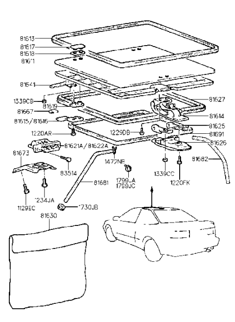 1994 Hyundai Scoupe Sunroof Glass Diagram for 81611-23010