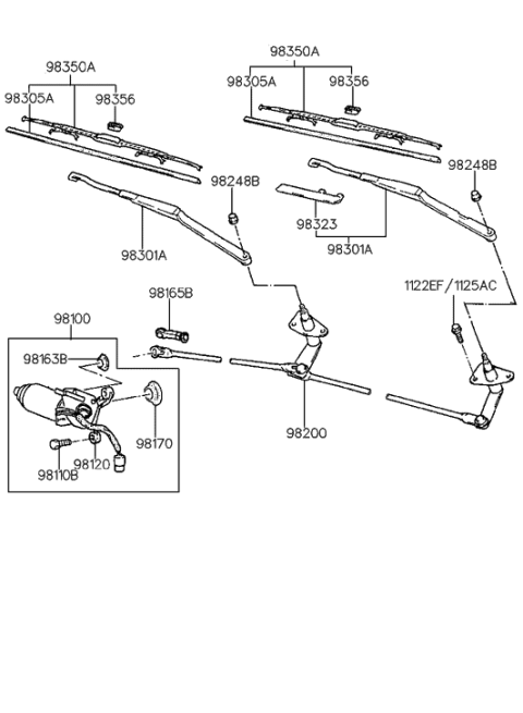 1991 Hyundai Scoupe Passenger Wiper Blade Assembly Diagram for 98360-28020