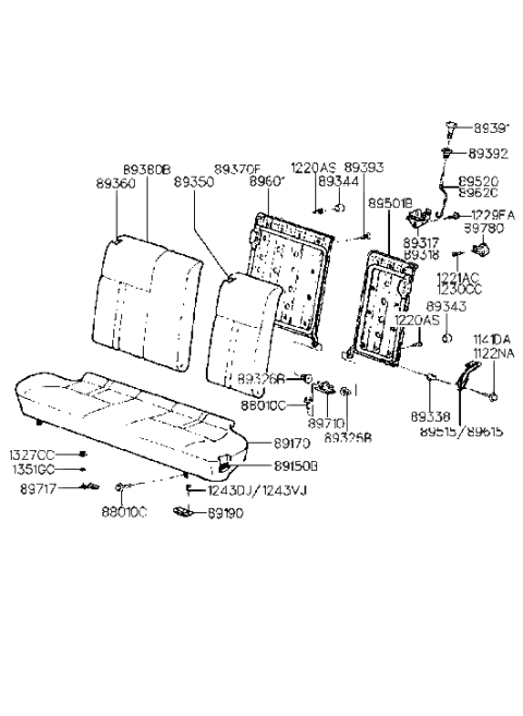 1993 Hyundai Scoupe Rear Seat Cushion Frame & Pad Assembly Diagram for 89150-23000