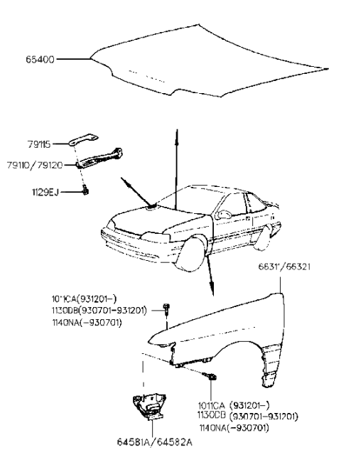 1990 Hyundai Scoupe Fender Panel Left Hand Diagram for 66311-23300
