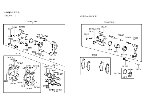 1992 Hyundai Scoupe Front Brake Caliper Kit Right Hand Diagram for 58181-24A00