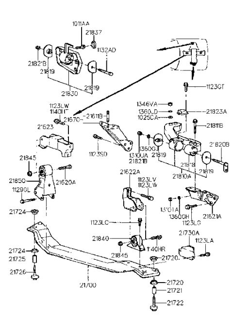 1993 Hyundai Scoupe Engine Support Bracket, Rear Diagram for 21670-22000