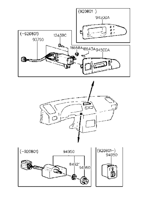 1993 Hyundai Scoupe Illumination Control Rheostat Assembly Diagram for 94950-23200