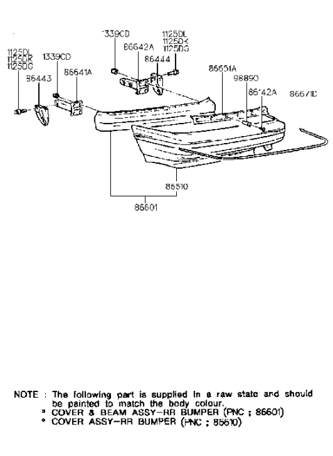 1990 Hyundai Scoupe Rear Bumper Cover And Beam Assembly Diagram for 86601-23050