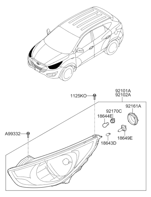 2009 Hyundai Tucson Passenger Side Headlight Assembly Composite Diagram for 92102-2S050
