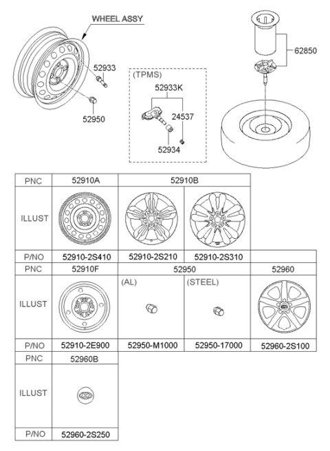 2011 Hyundai Tucson 17 Inch Wheel Diagram for 52910-2S210
