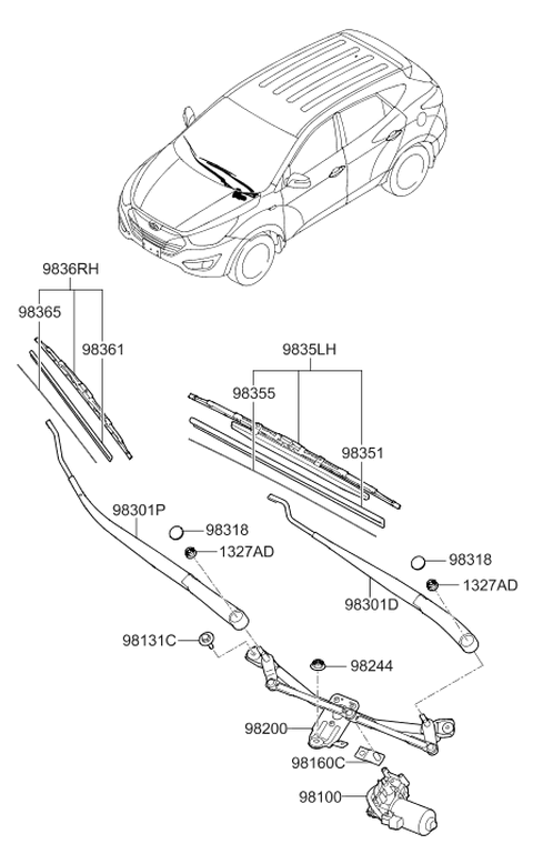 2009 Hyundai Tucson Windshield Wiper Arm Assembly (Passenger) Diagram for 98320-2S000