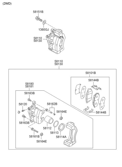 2010 Hyundai Tucson Front Brake Caliper Kit Right Hand Diagram for 58190-2SA00