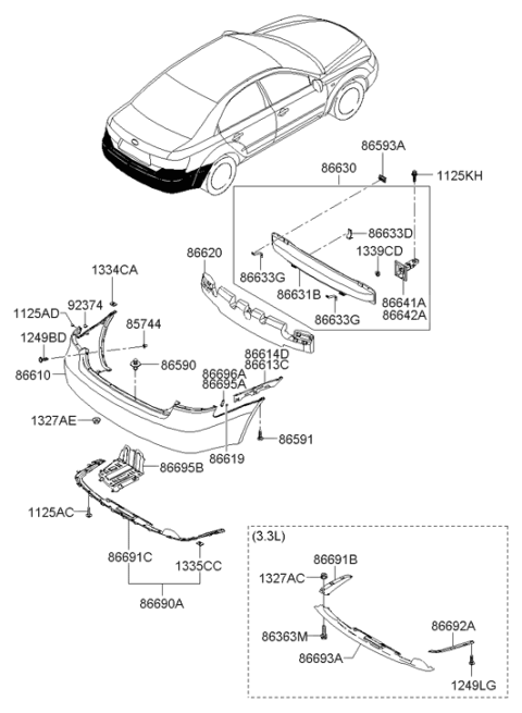 2007 Hyundai Sonata Rear Bumper Cover Assembly Diagram for 86610-3K000