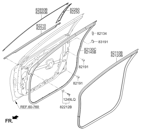 2017 Hyundai Sonata Hybrid Front Door Body Side Weatherstrip Left Hand Diagram for 82110-C1000-TRY