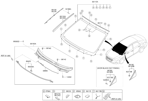 2016 Hyundai Sonata Hybrid Windshield Glass Assembly Diagram for 86110-E6280