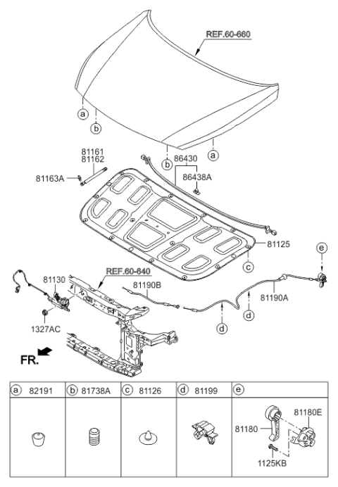 2017 Hyundai Sonata Hybrid Hood Latch Assembly Diagram for 81130-C1100
