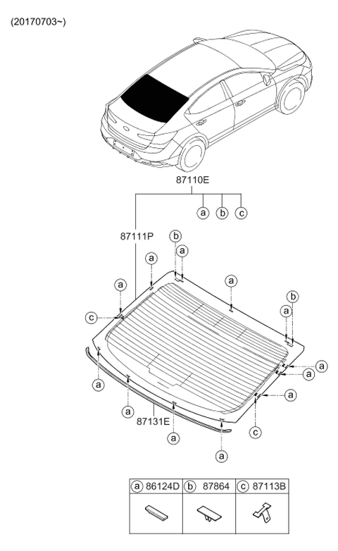 2020 Hyundai Elantra Korean made Rear Window Glass & Moulding Diagram 2