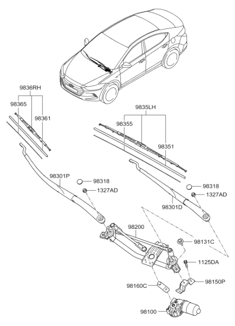 2017 Hyundai Elantra Passenger Wiper Blade Assembly Diagram for 98360-2S000