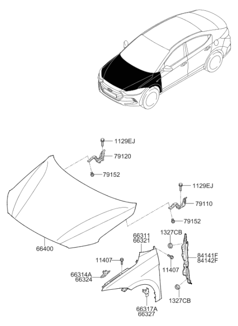 2016 Hyundai Elantra Hood Panel Assembly Diagram for 66400-F3000