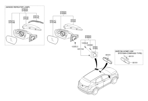 2013 Hyundai Santa Fe Sport Outside Rear View Mirror Assembly Right Hand Diagram for 87620-4Z005
