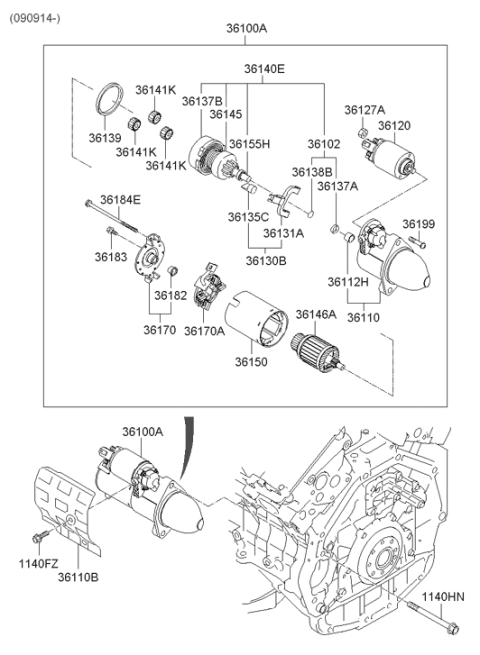 2014 Hyundai Genesis Starter Assembly Diagram for 36100-3C210
