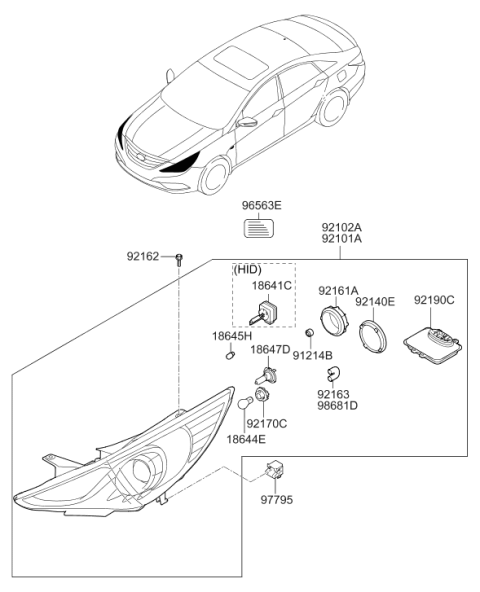 2010 Hyundai Sonata Driver Side Headlight Assembly Composite Diagram for 92101-3Q100