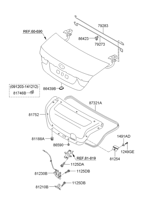 2010 Hyundai Sonata Trunk Lid Latch And Handle Assembly Diagram for 81230-3Q000