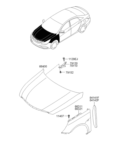 2011 Hyundai Sonata Hood Panel Assembly Diagram for 66400-3Q000
