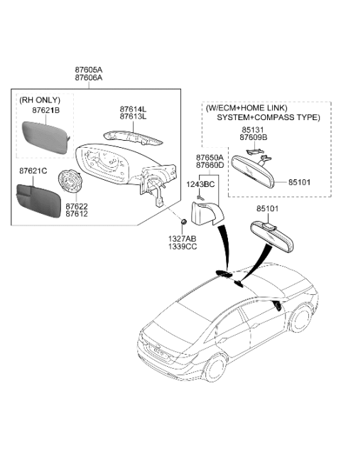 2012 Hyundai Sonata Outside Mirror Lamp Assembly Left Hand Diagram for 87613-3Q000