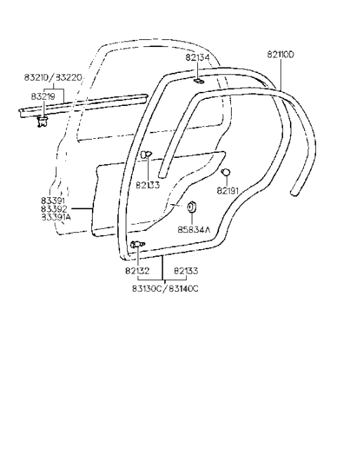 1996 Hyundai Accent Rear Door Belt Outside Weatherstrip Assembly Right Hand Diagram for 83220-22000