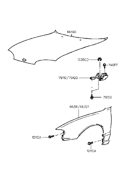1994 Hyundai Accent Hood Hinge Assembly Right Hand Diagram for 79120-22000