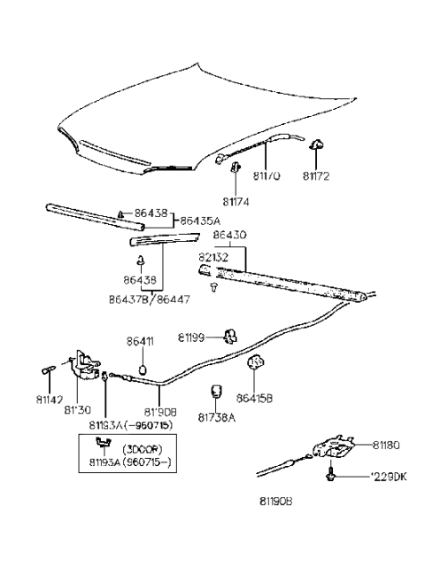 1997 Hyundai Accent Hood Stay Rod Assembly Diagram for 81170-22000
