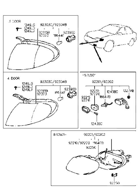 1994 Hyundai Accent Front Driver Side Fog Light Assembly Diagram for 92201-22201