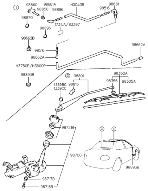 1994 Hyundai Accent Rear Wiper Motor & Linkage Assembly Diagram for 98700-22000