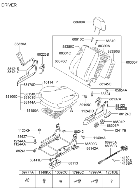 2008 Hyundai Tucson Front Seat Recliner Knob Left Hand Diagram for 88124-2E000-J9