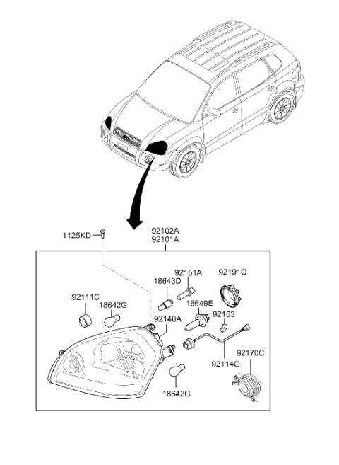 2007 Hyundai Tucson Passenger Side Headlight Assembly Composite Diagram for 92102-2E050