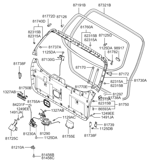 2008 Hyundai Tucson FASTENER-TAILGATE Glass Diagram for 87126-2E000